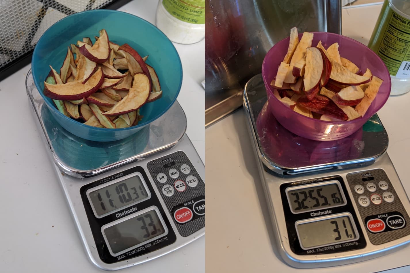 A collage image of two metric system devices with dehydrated fruits in a blue bowl on the left and freeze-dried fruits in a pink bowl on the right.