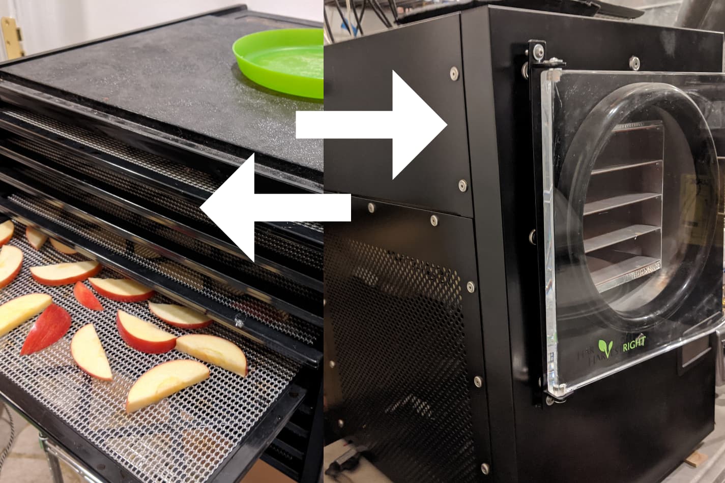 An image of our Excalibur dehydrator (left) and our medium-sized Harvest Right freeze dryer (right). Arrows overlaid point to each.