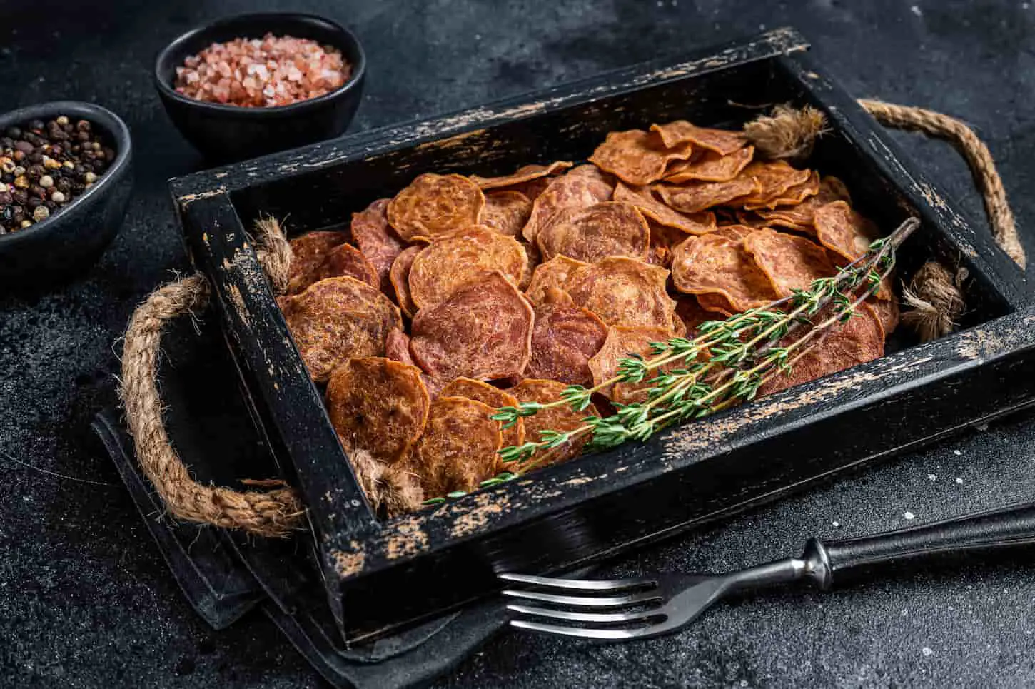 An image of Cured Beef and pork Jerky meat in a wooden tray on a black background.