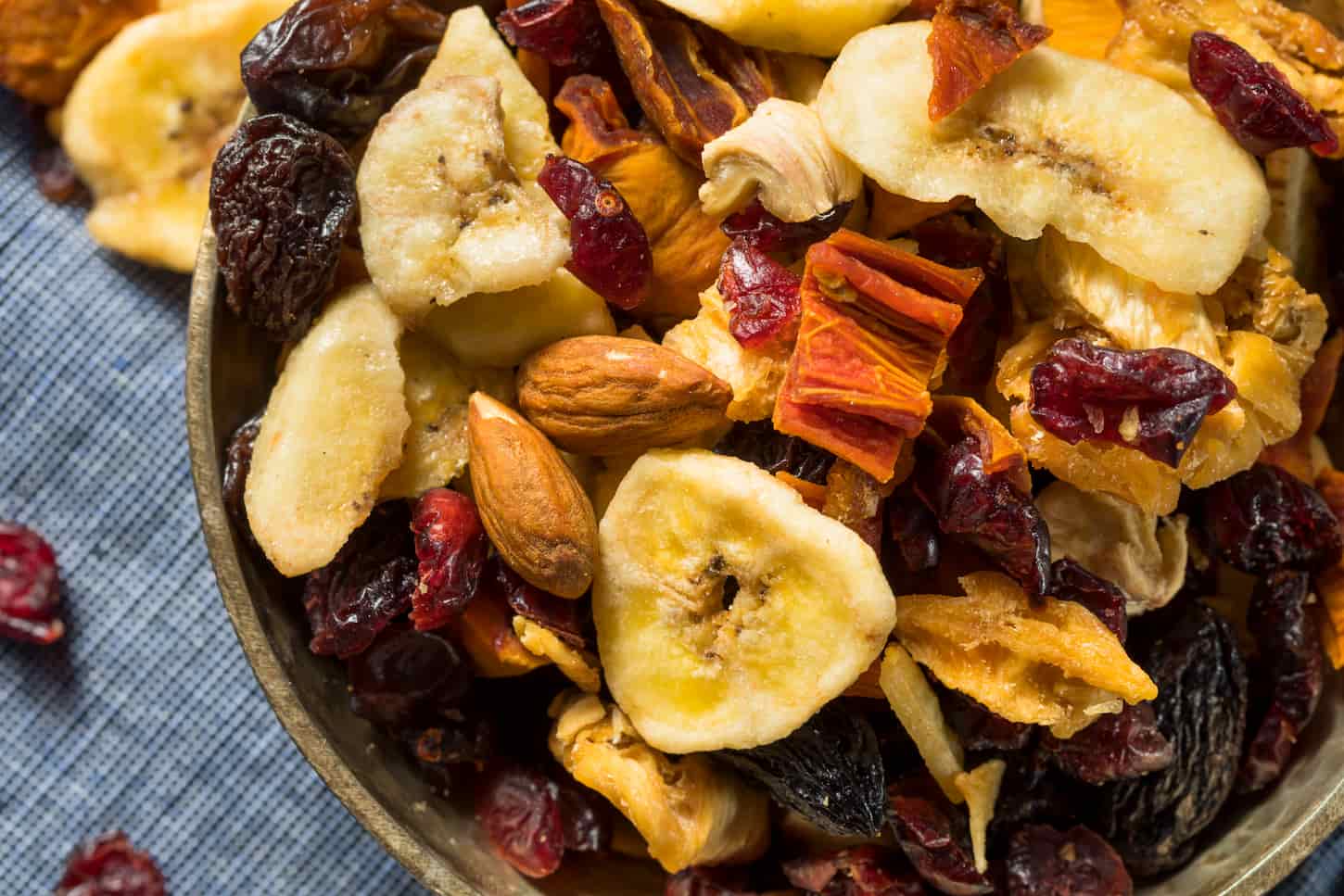 An image of Organic Dried Fruit Trail Mix with Cherries and Bananas in a big bowl.