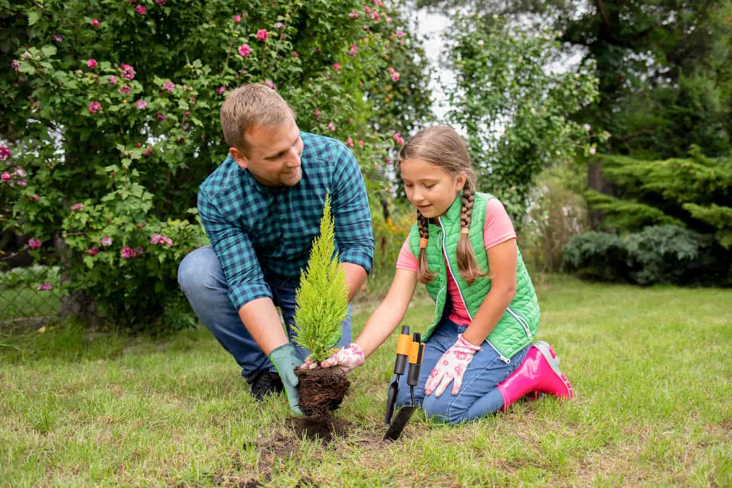 An image of Dad and daughter planting trees together in the backyard garden.