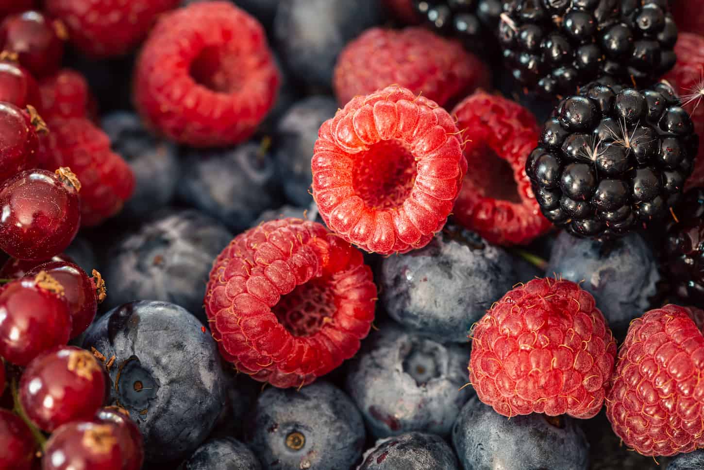 An image of different berries, raspberries, blueberries, and blackberries macro shot.
